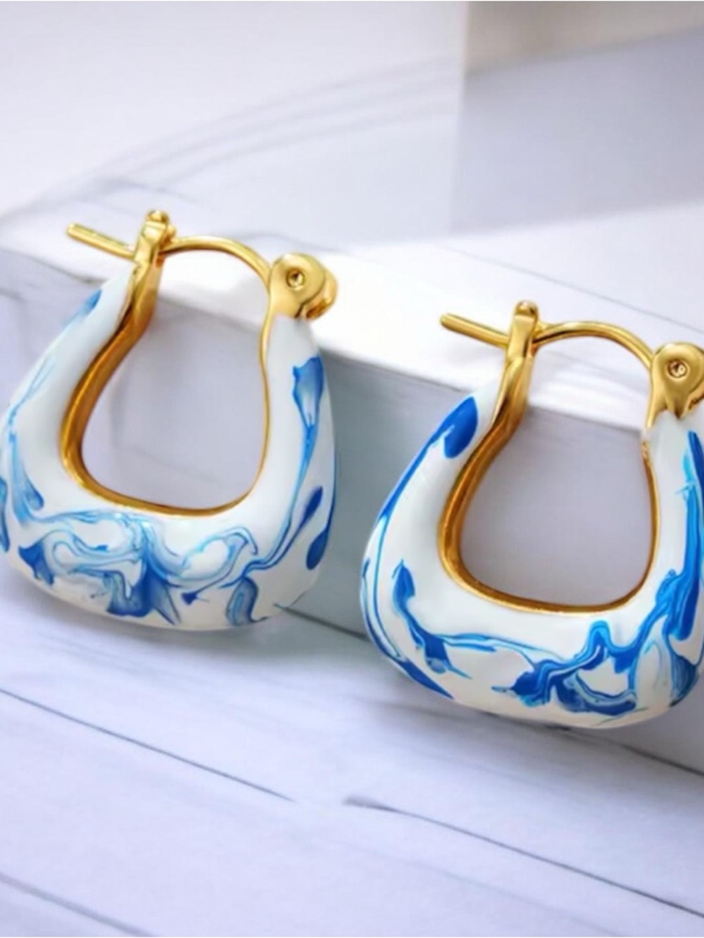 Blue Marble Hoop Earrings with Gold Accents - Women Jewelry